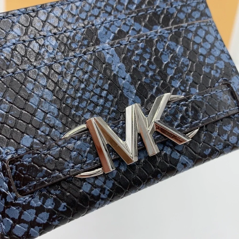 MICHAEL KORS Reed Large Snakeskin Python Pattern Card Holder Case Navy  NWT
